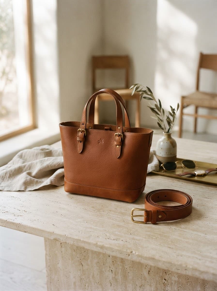 Still life editorial fashion photography of luxury leather accessories