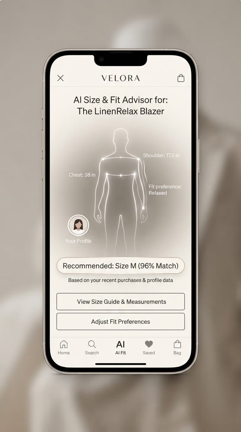 Velora AI Size and Fit Advisor interactive screen showing photogrammetric silhouette scan